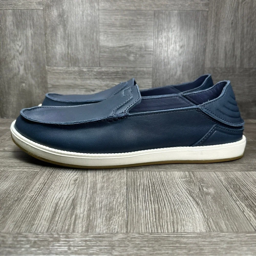OluKai Kakaha Nia Mens 10.5 Navy Blue Leather Slip On Loafers NEW